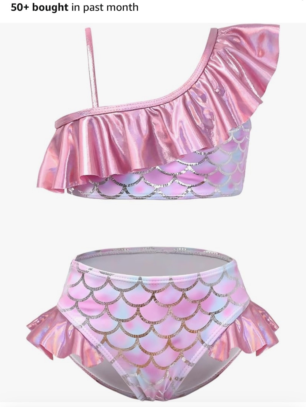 Girls size 6 / 7 Iridescent Pink Mermaid Ruffle Bikini Set